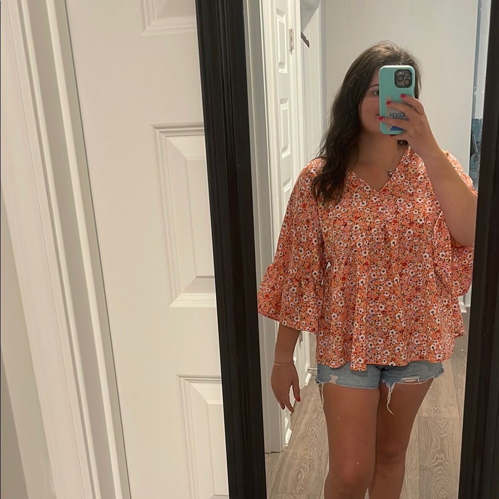 Floral Coral Orange Women's Bell Sleeve Top